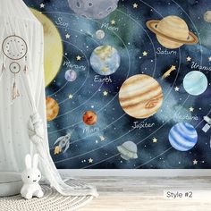 a child's bedroom with a space theme wallpaper