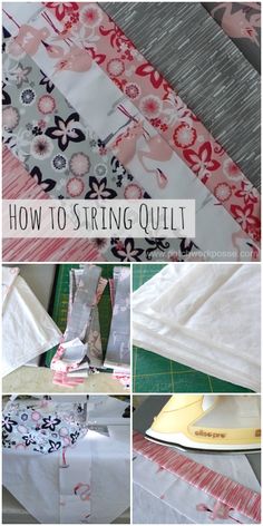 the instructions for how to string quilts are shown in four different pictures, including an iron