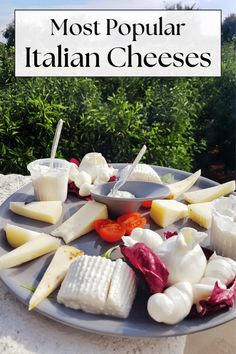 the most popular italian cheeses are displayed on a platter with vegetables and dip