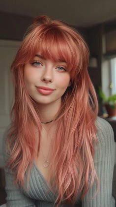 Bold Blonde Balayage, Cherry Blonde Hair Color, Strawberry Red Hair Color, Pink Copper Hair, Cherry Blonde Hair, Peachy Hair Color, Fairycore Hair, Cherry Blonde, Dark Strawberry Blonde Hair