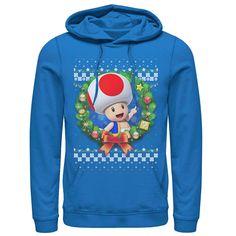 a blue hoodie with an image of a mario mushroom on the front and back