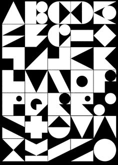 a black and white poster with geometric shapes on the bottom half of it, including letters