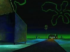 an animated image of a street at night with neon green lights on the side of the road