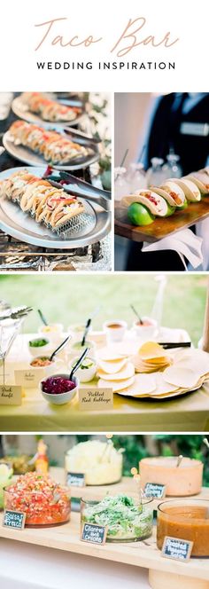 an assortment of food and drinks on display at a wedding or baby shower with the words taco bar written in cursive