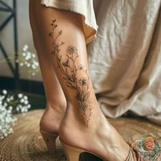 a woman's legs with tattoos on them and flowers in the bottom right leg