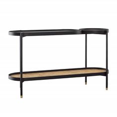 a black console table with two trays on each side and a wicker shelf underneath