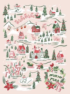 an illustrated christmas card with santa's sleighs and trees