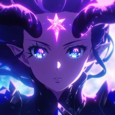 an anime character with blue eyes and horns on her head, staring at the camera