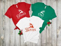 Thousands of hand-printed t-shirts. Santas Reindeer Shirts, Retreat Decorations, Reindeer Shirt, Dance Shirts, Family Christmas Shirts, Santa And Reindeer, Christmas Reindeer, Graphic Tees Women, Christmas Shirt