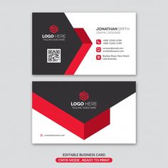 two sided business card template with red and black shapes on the front, side and back