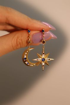 Blue Moon Earrings, Star Cuff Earrings, Moon Aesthetic Jewelry, Dream Jewelry Earrings, Moon Ring Gold, Star Themed Jewelry, Gold Moon Jewelry, Gold Celestial Jewelry, Gold Elegant Jewelry