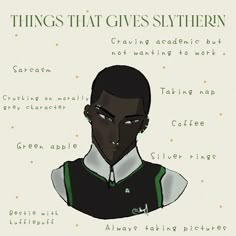 an illustrated drawing of a man's face with the words things that gives sythern