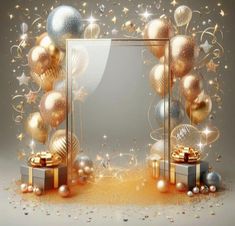 an image of christmas decorations and presents in front of a mirror with gold, silver and white balls