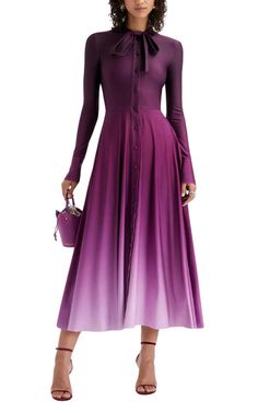 This Oscar de la Renta midi dress, made in Italy, features a self-tie bow at the neck and a full-length front fastening with self-covered buttons. Designed with an ombre jersey fabric, it also includes long sleeves with buttoned cuffs.80% Polyester, 2% ElastaneSelf-tie collarLong-sleeveButton closure80% Polyester, 2% ElastaneDry cleanMade in Italy Fitted Ombre Maxi Dress For Evening, Spring Ombre Midi Dress, Elegant Ombre Maxi Dress For Summer, Gradient Maxi Dress For Evening, Ombre Midi Party Dress, Gradient Maxi Dress For Party, Fitted Gradient Maxi Dress, Ombre Maxi Dress For Spring Evening, Formal Fitted Ombre Dress