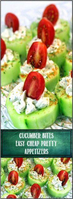 cucumber bites easy cheap pretty appetizers with cream cheese and tomatoes on them