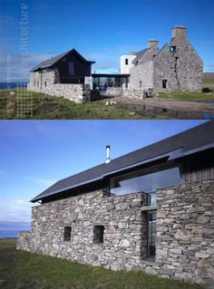 two pictures of an old stone house and the same one with windows on each side