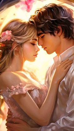 a painting of two people embracing each other with flowers in their hair and the sun shining behind them