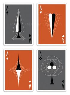 four playing cards with different shapes and designs on each card, all in grey and orange