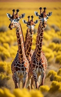 two giraffes standing in the middle of a field with yellow flowers on it