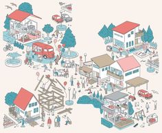 an illustrated image of people and vehicles in front of houses, trees, and buildings