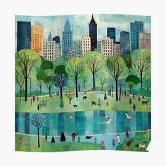 a painting of people walking and playing in the park with trees, buildings, and water