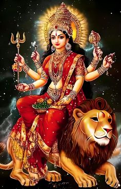 the hindu goddess sitting on top of a lion