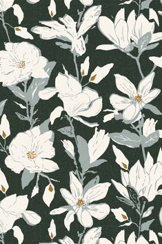 a black and white floral wallpaper with flowers