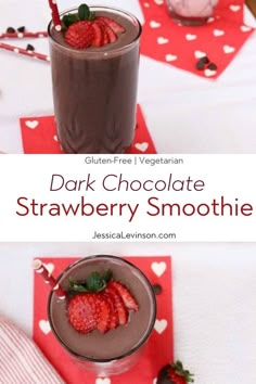 chocolate strawberry smoothie in a glass with strawberries on the side and text overlay that reads dark chocolate strawberry smoothie