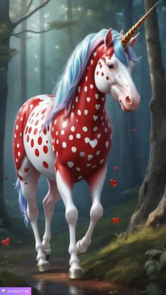 a red and white spotted unicorn standing in the woods