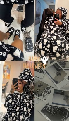 a collage of photos with an image of a woman wearing a black and white halloween hoodie