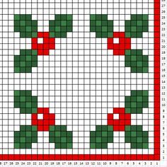 a cross - stitch pattern with red and green flowers on the bottom, in squares