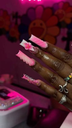 Long Junk Nails, Pink Junk Nails, Long Acrylic Nail Designs, Hard Nails, Colored Acrylic Nails, Girly Acrylic Nails, Dope Nail Designs, Short Square Acrylic Nails, Long Acrylic Nails Coffin