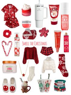 a collage of christmas items with the words smell the christmas spirit written in red