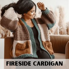 a woman sitting on a couch with her hands behind her head and the words fireside cardigan written below