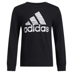 Give his wardrobe a sporty refresh with this boys' adidas logo graphic long sleeve tee. Give his wardrobe a sporty refresh with this boys' adidas logo graphic long sleeve tee. Click on this KIDS APPAREL & SHOES GUIDE to find the perfect fit and more! FEATURES Crewneck Long sleeves Graphic on chest Jersey knit constructionFABRIC & CARE Cotton Machine wash Imported Size: 4. Color: Black. Gender: male. Pattern: camo. Long Sleeve Activewear With Logo Print For Streetwear, Sporty Long Sleeve Activewear With Logo For Streetwear, Long Sleeve Logo Print Activewear For Sports, Logo Print Long Sleeve Activewear For Sports, Long Sleeve Sports Activewear With Logo Print, Adidas Athleisure Activewear With Graphic Print, Sports Activewear With Graphic Print And Long Sleeves, Sportswear Long Sleeve T-shirt With Logo Print, Long Sleeve Sports Activewear With Graphic Print