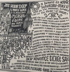 Black and white poster with Tudor style houses and Renaissance dressed characters.  Text is tight and squirmy with the details of all that can be found at the first American Renaissance Faire including magic, tapestries, archery, handcrafts, pipers, pork pies, and peep shows. The style of lettering was then adapted by musicians and artists during the psychedelic era for album covers and concert posters. Rachel Lee, Laurel Canyon, Sweet Meat, Pork Pie, The First Americans, Book Marketing, The Conjuring, 1960s, The First