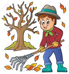 a boy with a broom and rake in the fall leaves