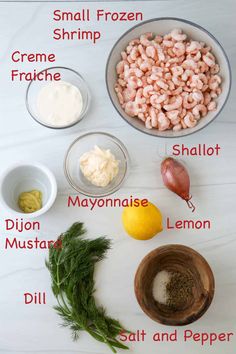 ingredients for shrimp salad laid out in bowls