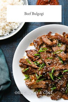 beef and rice on a plate with the words beef bulgoi above it