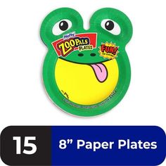 a paper plate with an image of a frog on it's face and tongue