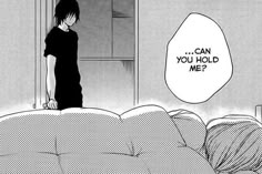 a person standing in front of a bed with the caption can you hold me?