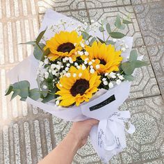 a hand holding a bouquet of sunflowers