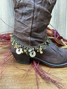 Bling Cowboy Boots, Boot Bracelet, Boot Bling, Boot Jewelry, Bronze Metal, Asian Inspired, Gold Glass, Metal Beads, Antique Bronze