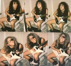 four different pictures of a woman with glasses playing an electric guitar and smiling at the camera