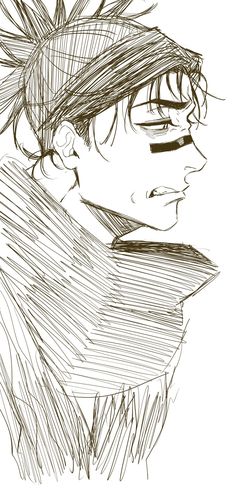 a black and white drawing of a boy with his hair pulled back, looking to the side