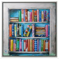 an oil painting of books on a shelf