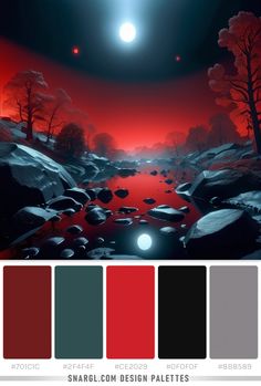 a red and black color palette with the moon in the sky above it, surrounded by rocks