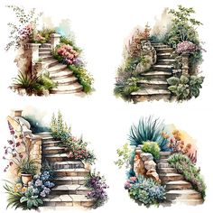 four different steps with plants and flowers on the top one is painted in watercolor