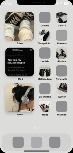 an iphone screen with several different pictures and text on the bottom right corner, including headphones