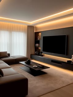 a living room with couches and a flat screen tv in it's center